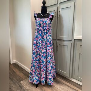 Blue Floral Maxi Dress with Ruffled Straps